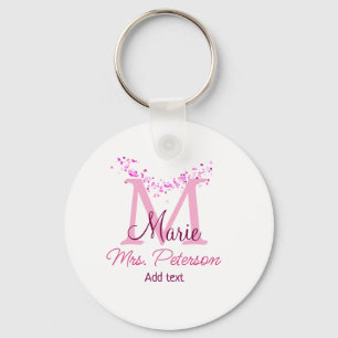 Pink heart glitter monogram teacher Mrs. Modern gi Keychain