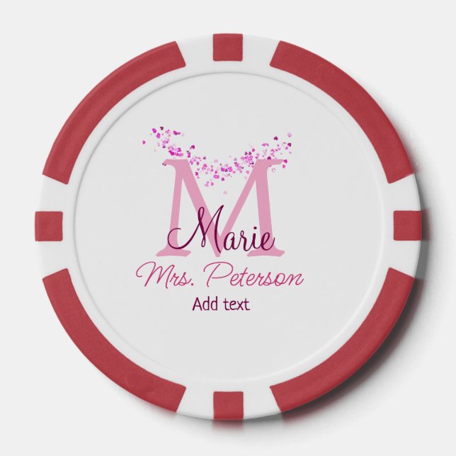 Pink heart glitter monogram teacher Mrs. Modern gi Poker Chips (Front)