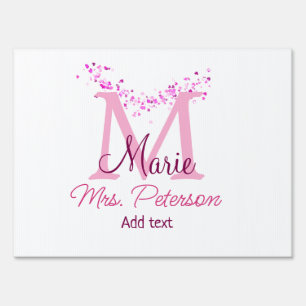 Pink heart glitter monogram teacher Mrs. Modern gi Sign