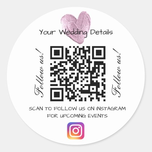 Pink heart glitter wedding qr code scan instagram  classic round sticker