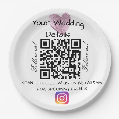 Pink heart glitter wedding qr code scan instagram  paper plates