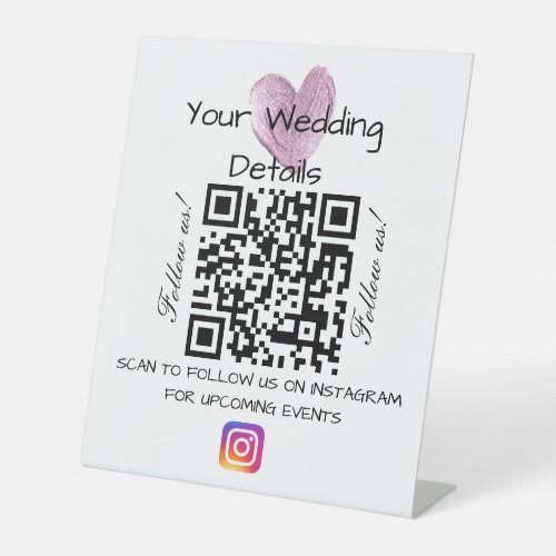 Pink heart glitter wedding qr code scan instagram  pedestal sign
