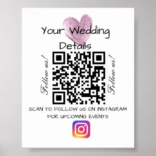 Pink heart glitter wedding qr code scan instagram  poster