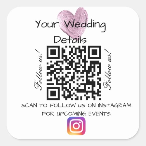 Pink heart glitter wedding qr code scan instagram  square sticker