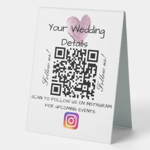 Pink heart glitter wedding qr code scan instagram table tent