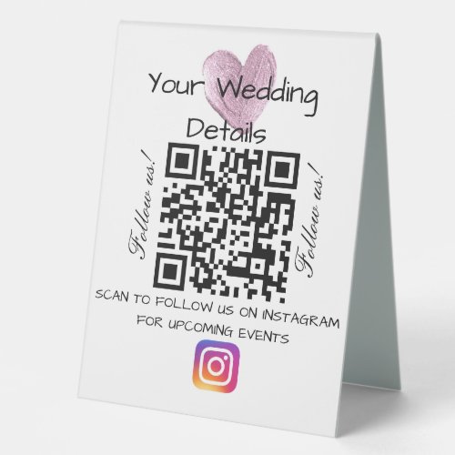 Pink heart glitter wedding qr code scan instagram  table tent sign