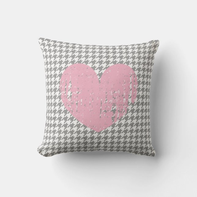 Pink heart & gray houndstooth pattern throw pillow (Front)