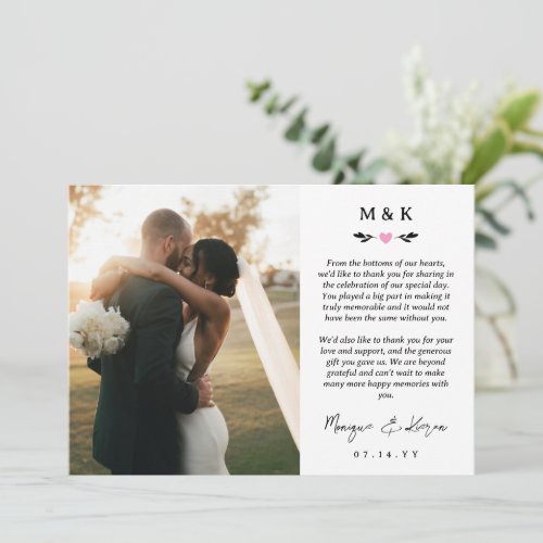 Pink Heart Greenery Printed Message Wedding Thank You Card