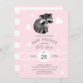 Pink Heart Grey Raccoon Baby Shower Invitations by FancyMeWedding at Zazzle