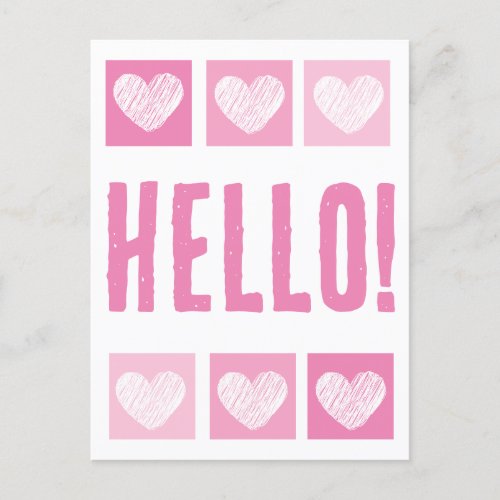 Pink Heart Grid Hello Postcard