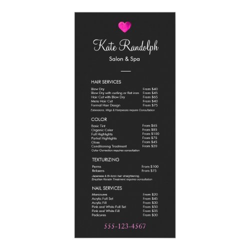 Pink Heart Hair Salon Black Price List Menu