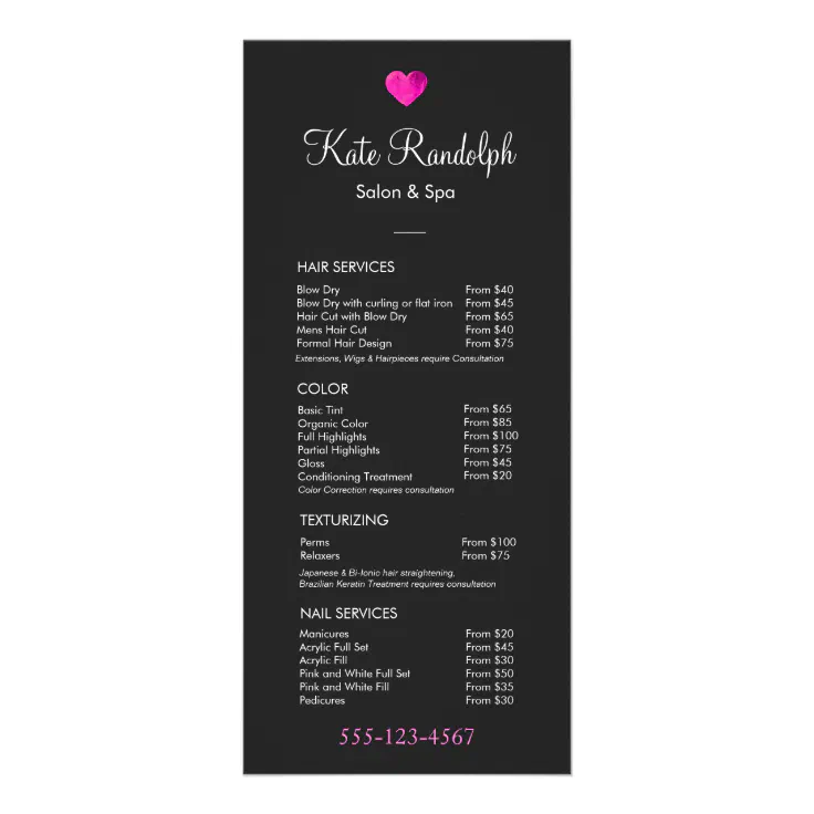 Pink Heart Hair Salon Black Price List Menu | Zazzle