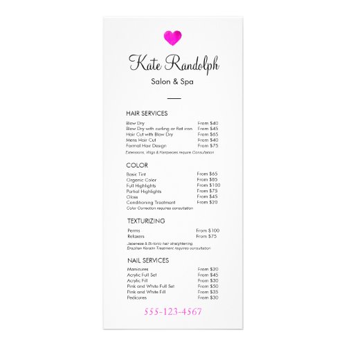Pink Heart Hair Stylist White Price List Menu