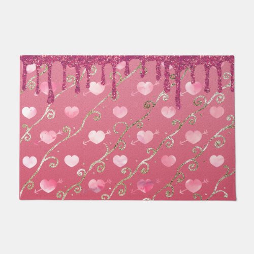 Pink Heart Hot Pink Glitter Pretty Romantic Design Doormat