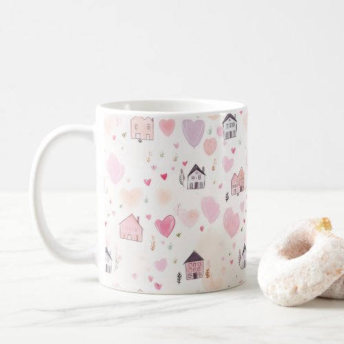 Pink Heart House Watercolor  Coffee Mug