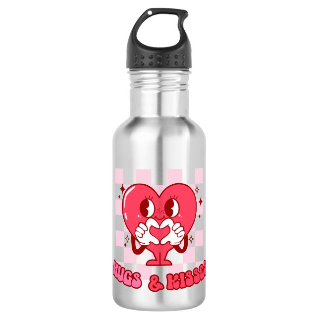 Pink Heart Hugs and Kisses Stainless Steel Water Bottle (Front)