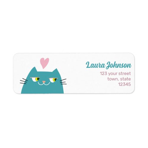 Pink Heart Kawaii Cat Return Address Label