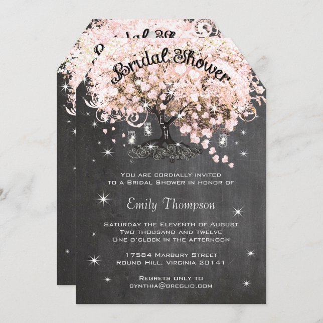 Pink Heart Leaf Tree Bridal Shower Invite (Front/Back)