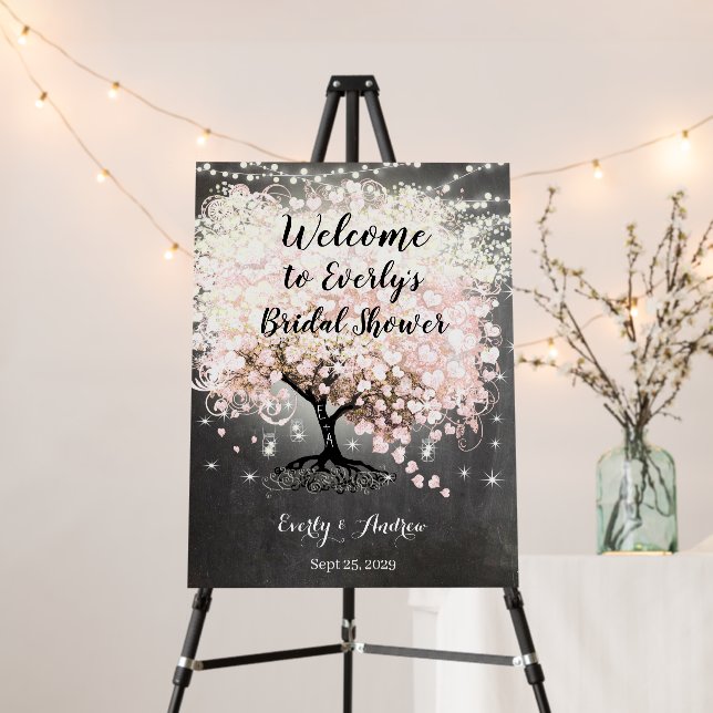 Pink Heart Leaf Tree Bridal Shower Welcome Sign  (In Situ (Stand))