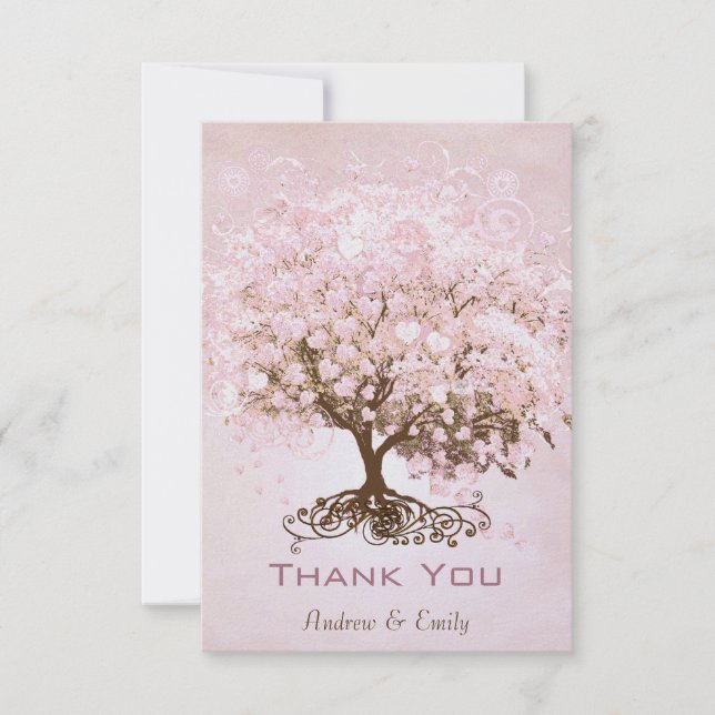 Pink Heart Leaf Tree Thank You Card (Front)