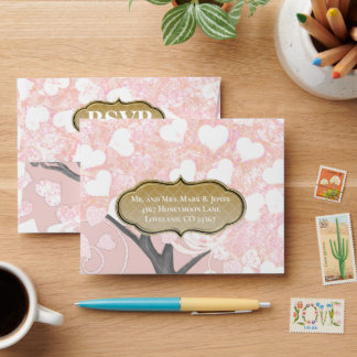 Pink Heart Leaf Tree Wedding Envelope