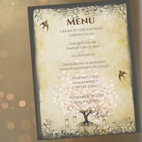 Pink Heart Leaf Tree Wedding Menu