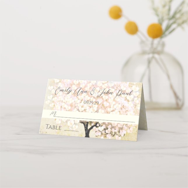 Pink Heart Leaf Tree Wedding Place Cards (Front)