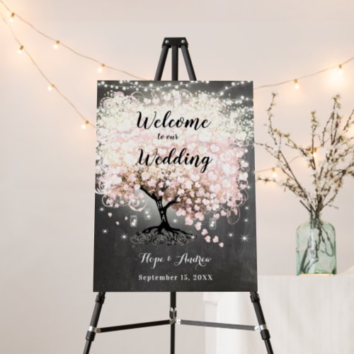 Pink Heart Leaf Tree Wedding Welcome Sign 