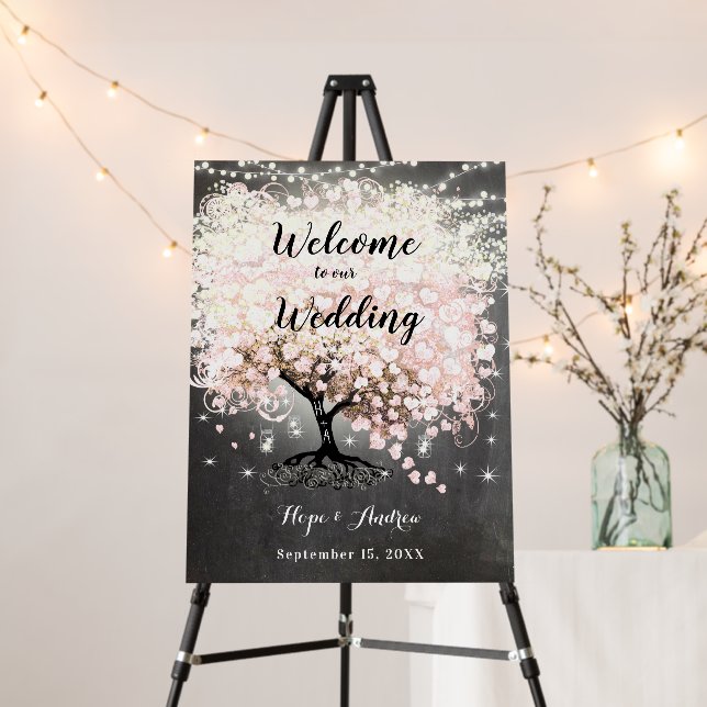 Pink Heart Leaf Tree Wedding Welcome Sign  (In Situ (Stand))