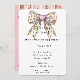 Pink Heart Leopard Girly Bow Birthday Invitation