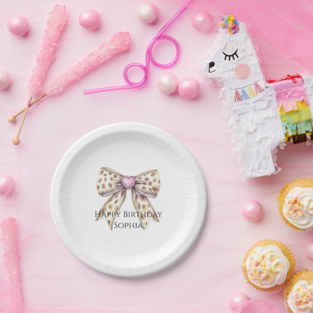 Pink Heart Leopard Girly Bow Birthday Paper Plates (Party)