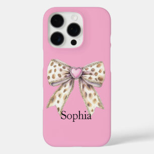 Pink Heart Leopard Girly Bow iPhone 16 Pro Case