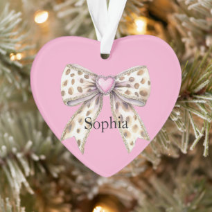 Pink Heart Leopard Girly Bow Christmas Ornament