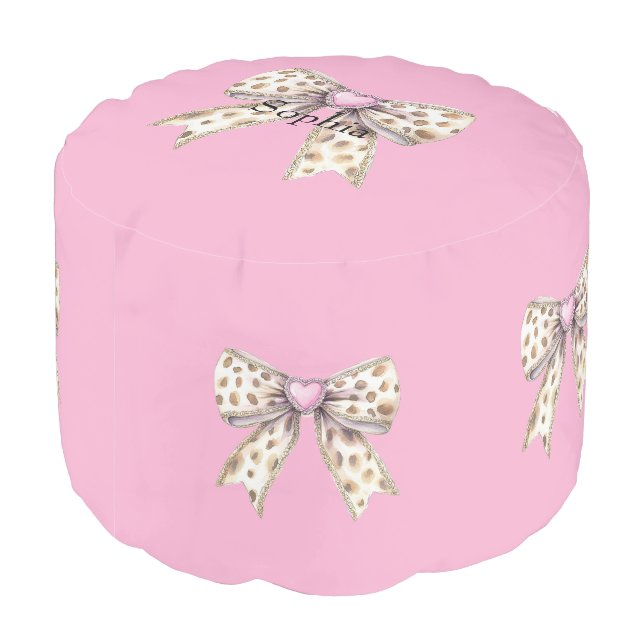 Pink Heart Leopard Girly Bow   Pouf (Angled Back)