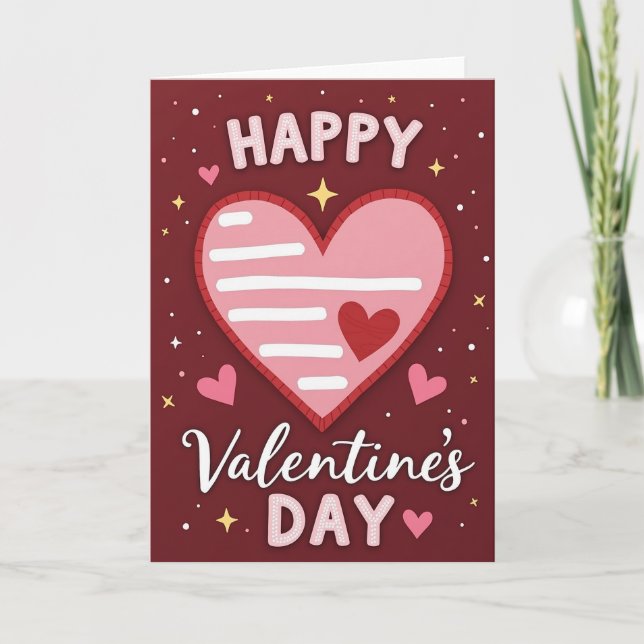 Pink Heart Lines Valentines Card (Front)