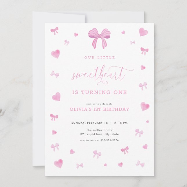 Pink Heart Little Sweetheart Birthday Invitation (Front)