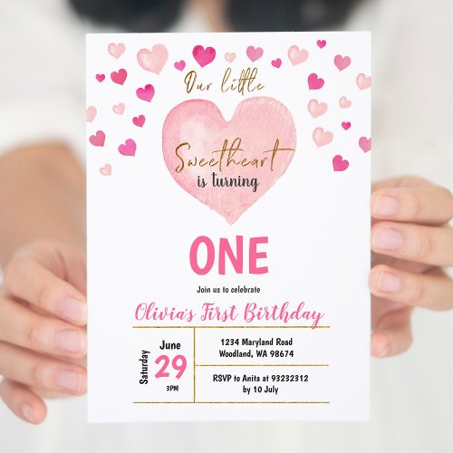 PINK heart Little Sweetheart Valentine Birthday Invitation