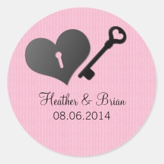 Pink Heart Lock and Key Wedding Stickers