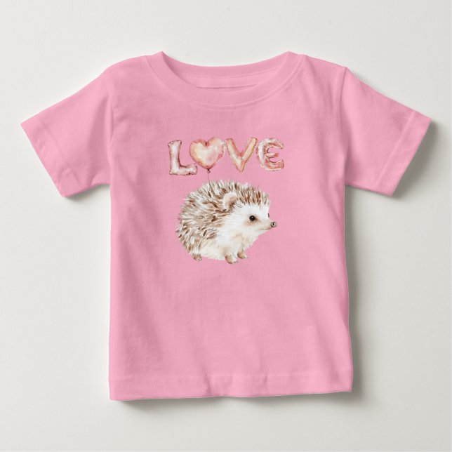 Pink Heart Love Balloons Cute Hedgehog Baby T-Shirt (Front)