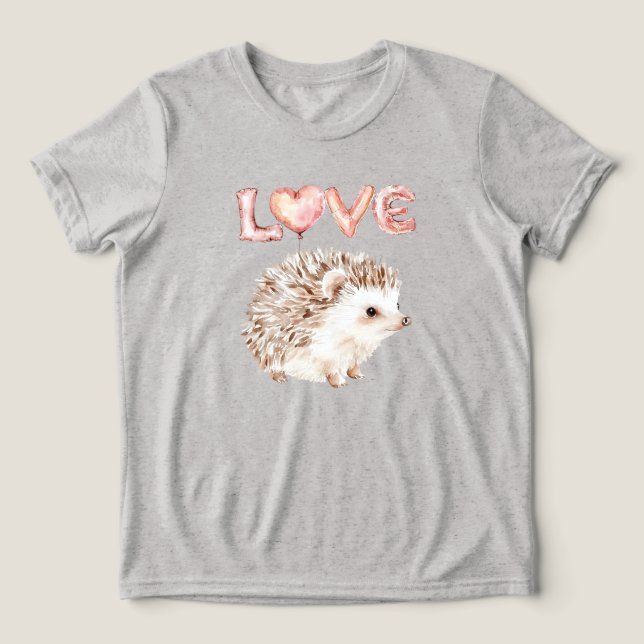 Pink Heart Love Balloons Cute Hedgehog Tri-Blend Shirt (Design Front)