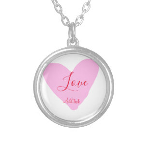Pink heart love happy Valentine's day text red nam Silver Plated Necklace