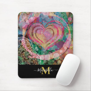 Pink Heart Love Mandala Personalize Monogram Boho Mouse Pad