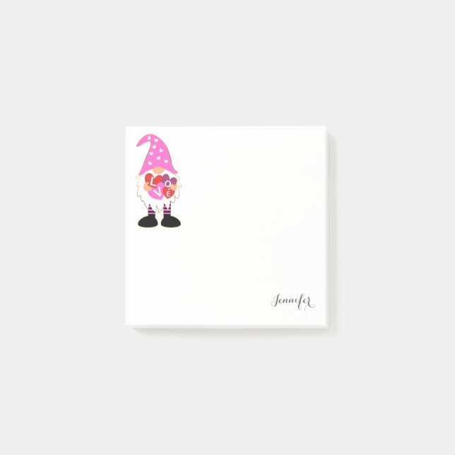 Pink Heart LOVE Valentine Gnome Post-it Notes (Front)