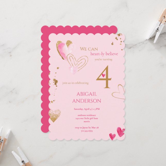 Pink Heart-ly Believe Birthday Party Invitation (Front/Back In Situ)