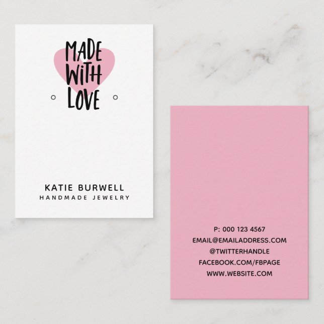 Pink Heart Made With Love Earring Display Business Card (Front/Back)
