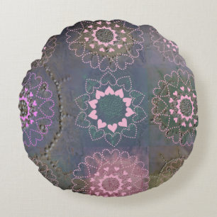 Pink Heart Mandalas on Muted Grey Round Pillow