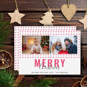 Pink Heart Merry Christmas Script Family Photo Holiday Card