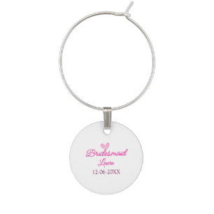 PINK heart minimal add name bridesmaid gift year Wine Charm