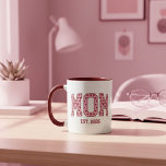 Pink Heart Mom Est Year Varsity Design Mug<br><div class="desc">This sweet motherhood design features the word MOM in bold varsity-style lettering filled with tiny pink hearts and an EST. year line below. The soft pink palette and classic athletic-inspired layout give it a cute, feminine look while keeping the design easy to read. It works beautifully for first-time mom themes,...</div>