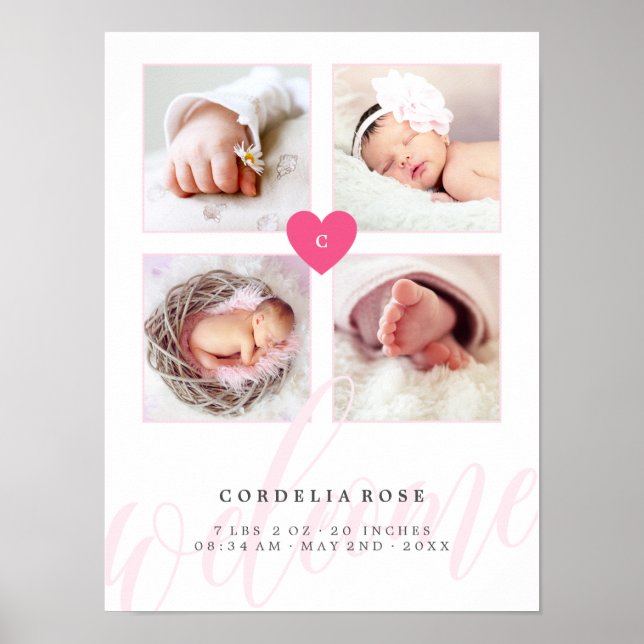 Pink Heart Monogram Baby Photo Collage Poster (Front)